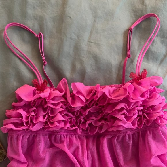 Vintage Hot Pink Ruffle Teddy Lingerie Pink Ruffles Top Sheer Babydoll - Picture 2 of 6